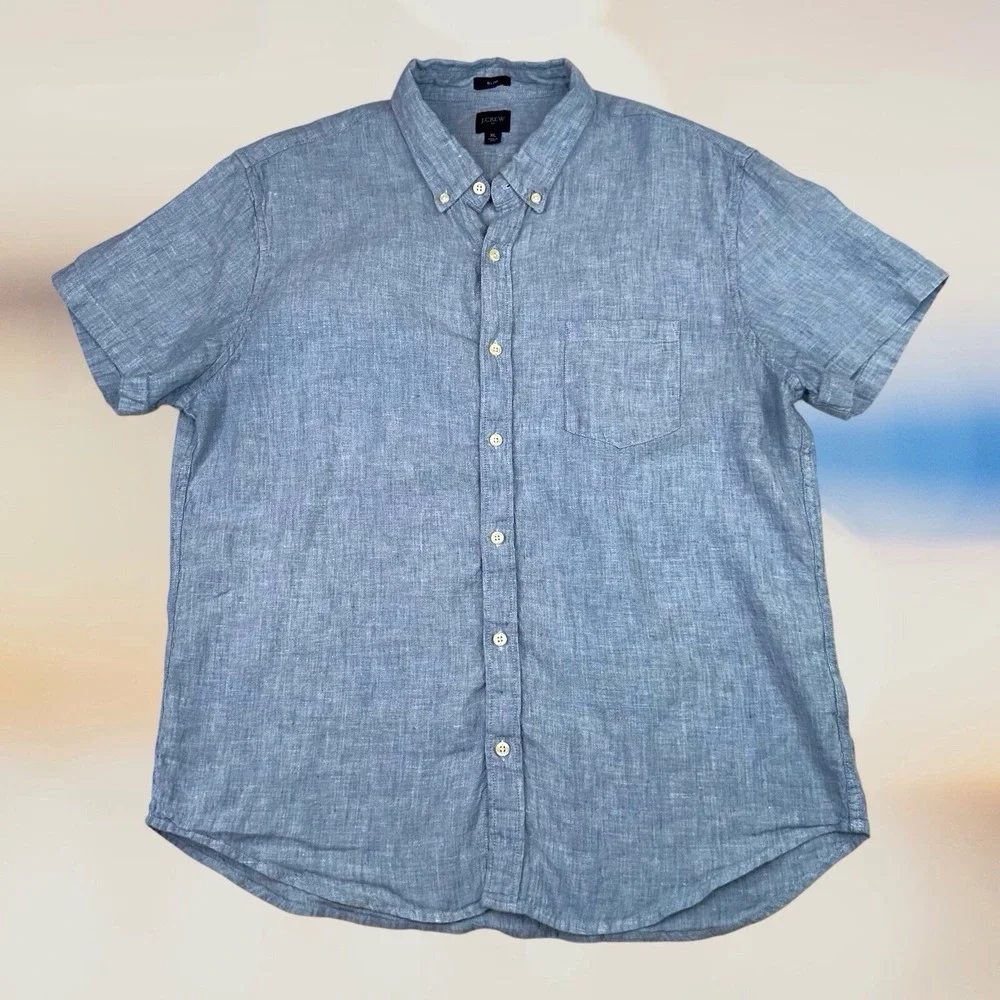 J Crew Chambray Shirt XL Slim Blue Linen Blend Button‎ Up Beach Coastal Preppy - Picture 2 of 9
